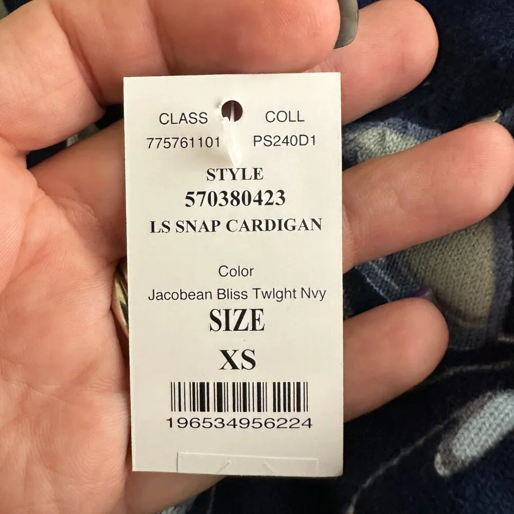 NWT White House Black Market Snap Cardigan Jacobean Bliss Twilight Navy #WHBM31